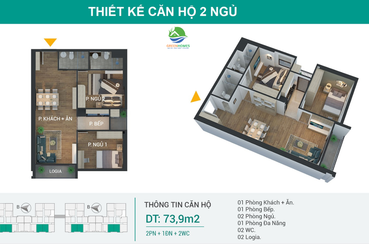 Căn 2 ngủ Ruby Riverside Phúc Đồng Long Biên