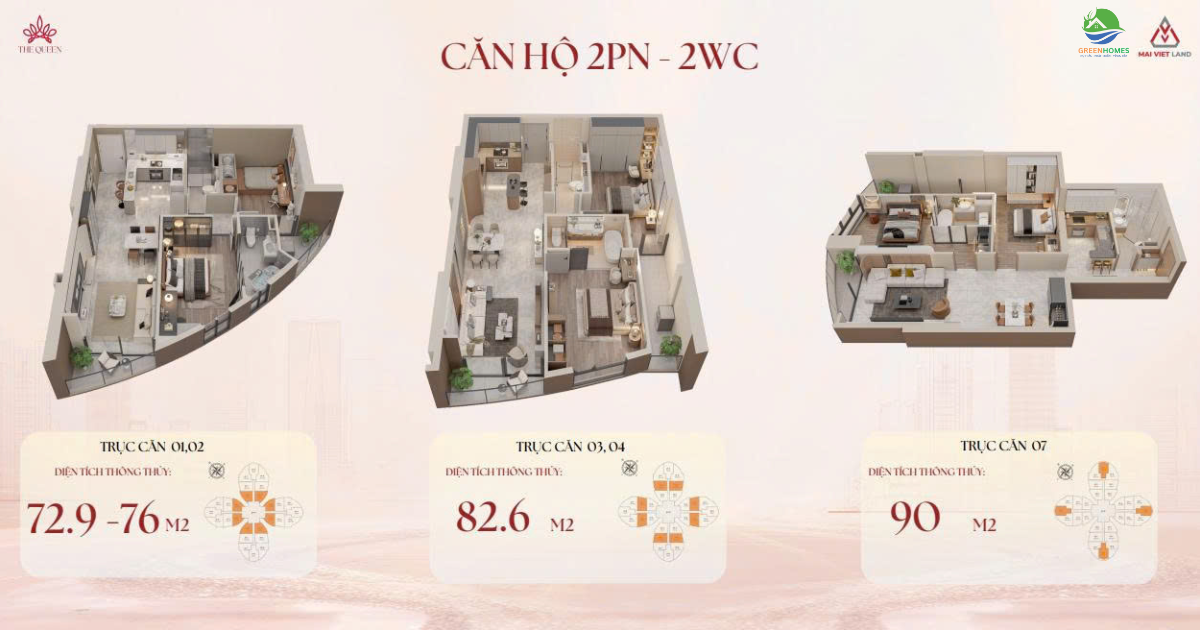 Thiết kế căn hộ 2 phòng ngủ The Queen 360 Giải Phóng