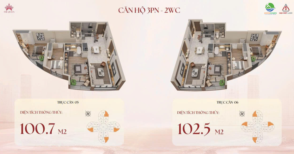 Thiết kế căn hộ The Queen 360 Giải Phóng 3 phòng ngủ