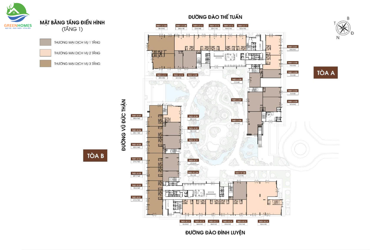 Mặt bằng shophouse Taseco Long Biên Central tầng 1