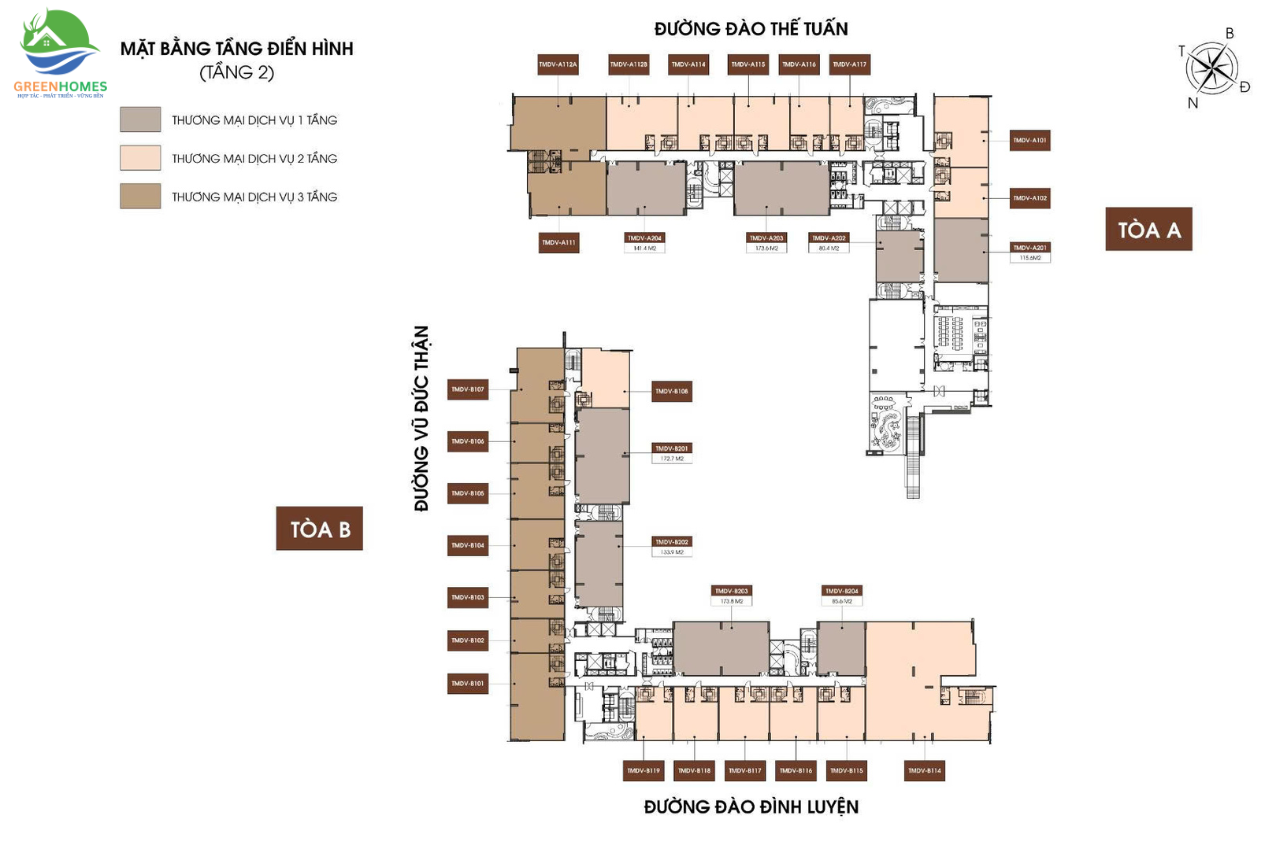 Mặt bằng shophouse Taseco Long Biên Central tầng 2